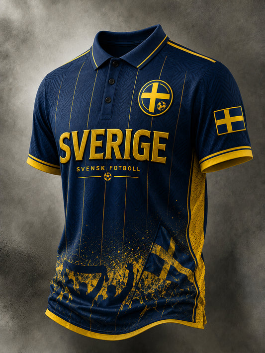 Retro svensk fotbollsfan som hejar konsttryck avslappnad pikétröja