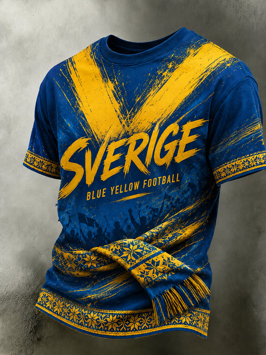 Retro svensk fotbollssupporter som hejar konsttryck avslappnad t-shirt