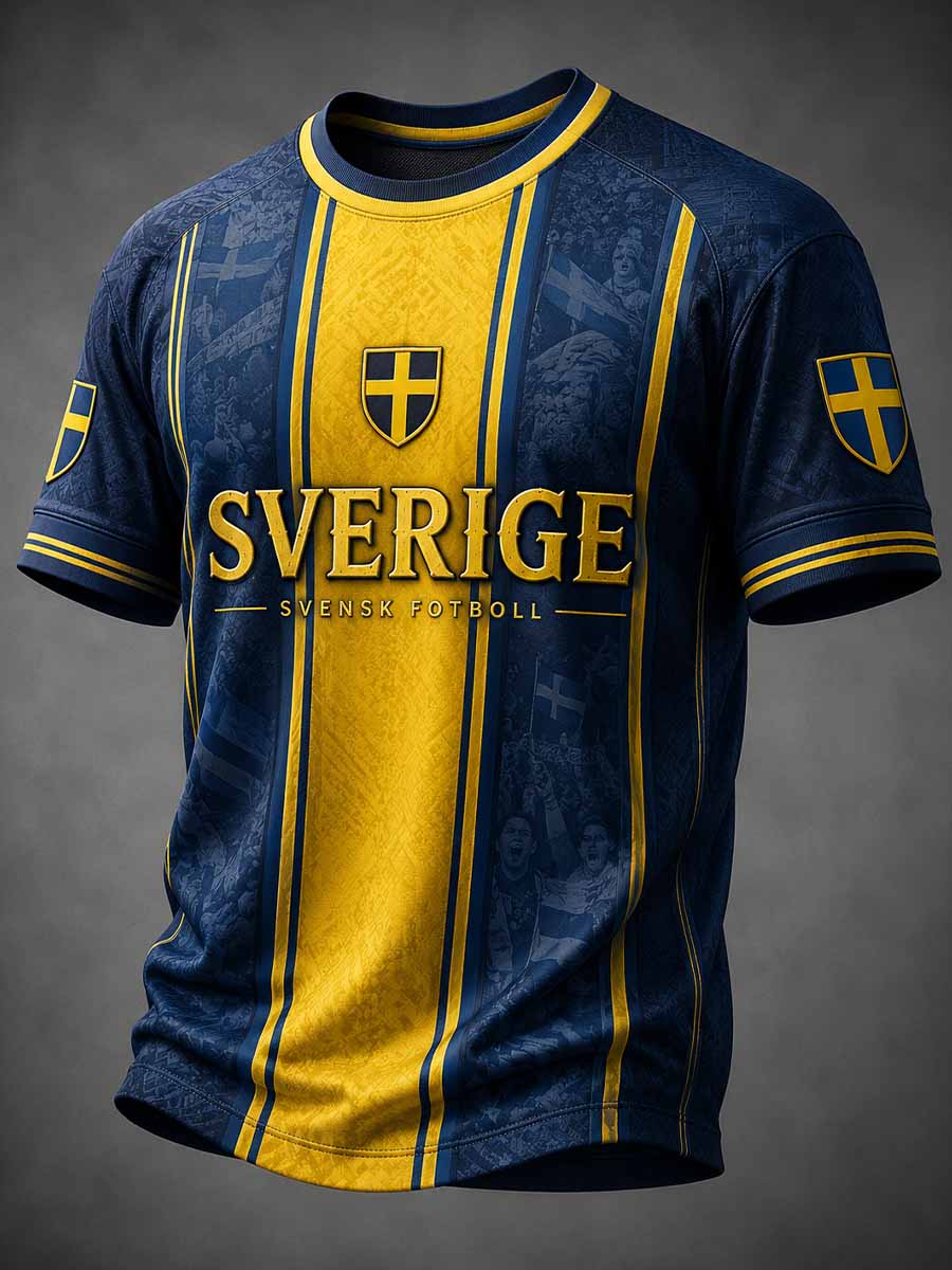 Retro svensk fotbollssupporter som hejar konsttryck avslappnad t-shirt