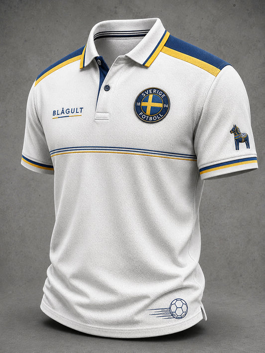 Retro svensk fotbollsfan som hejar konsttryck avslappnad pikétröja