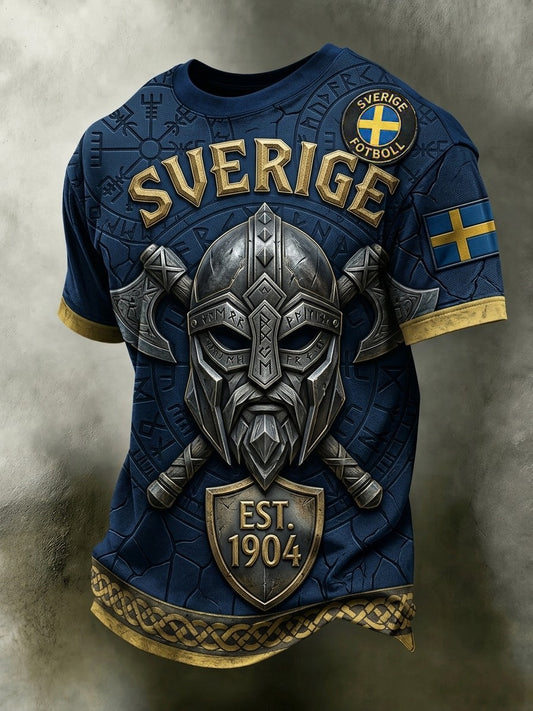 Herrtröja i retrostil med svensk fotbollsmotiv och korta ärmar