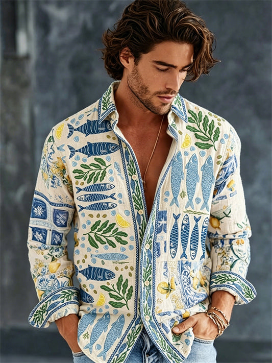 Mäns Vintage Fisk & citron Botanical Print Medelhavsstil Semesterskjorta
