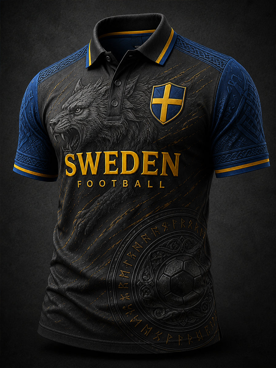 Retro svensk fotbollsfanart-print avslappnad pikétröja