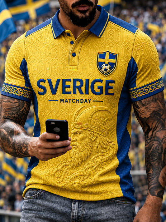 Retro svensk fotbollsfanart-print avslappnad pikétröja