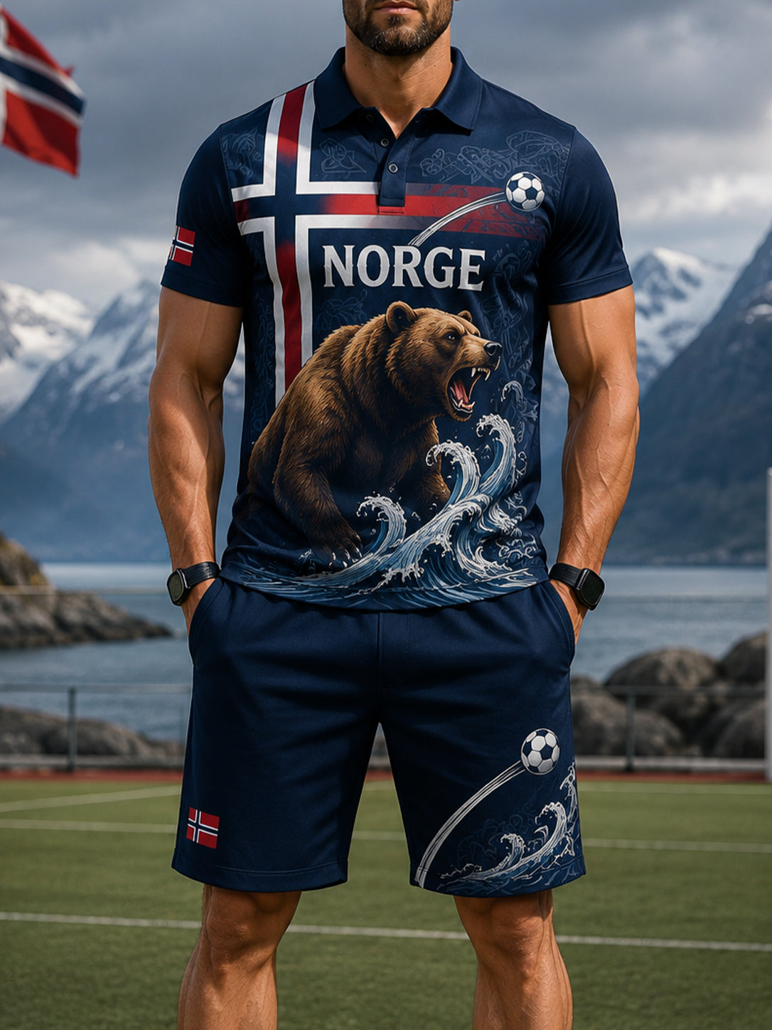 Herrpolotröja med konsttryck och hejande element från en norsk fotbollsmatch