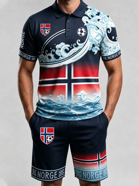 Herrpolotröja med konsttryck och hejande element från en norsk fotbollsmatch