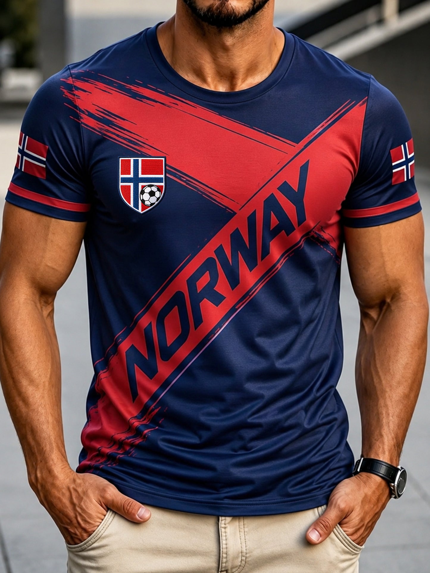 Herrtröja med konsttryck – norskt fotbollsmatch- och hejandelement