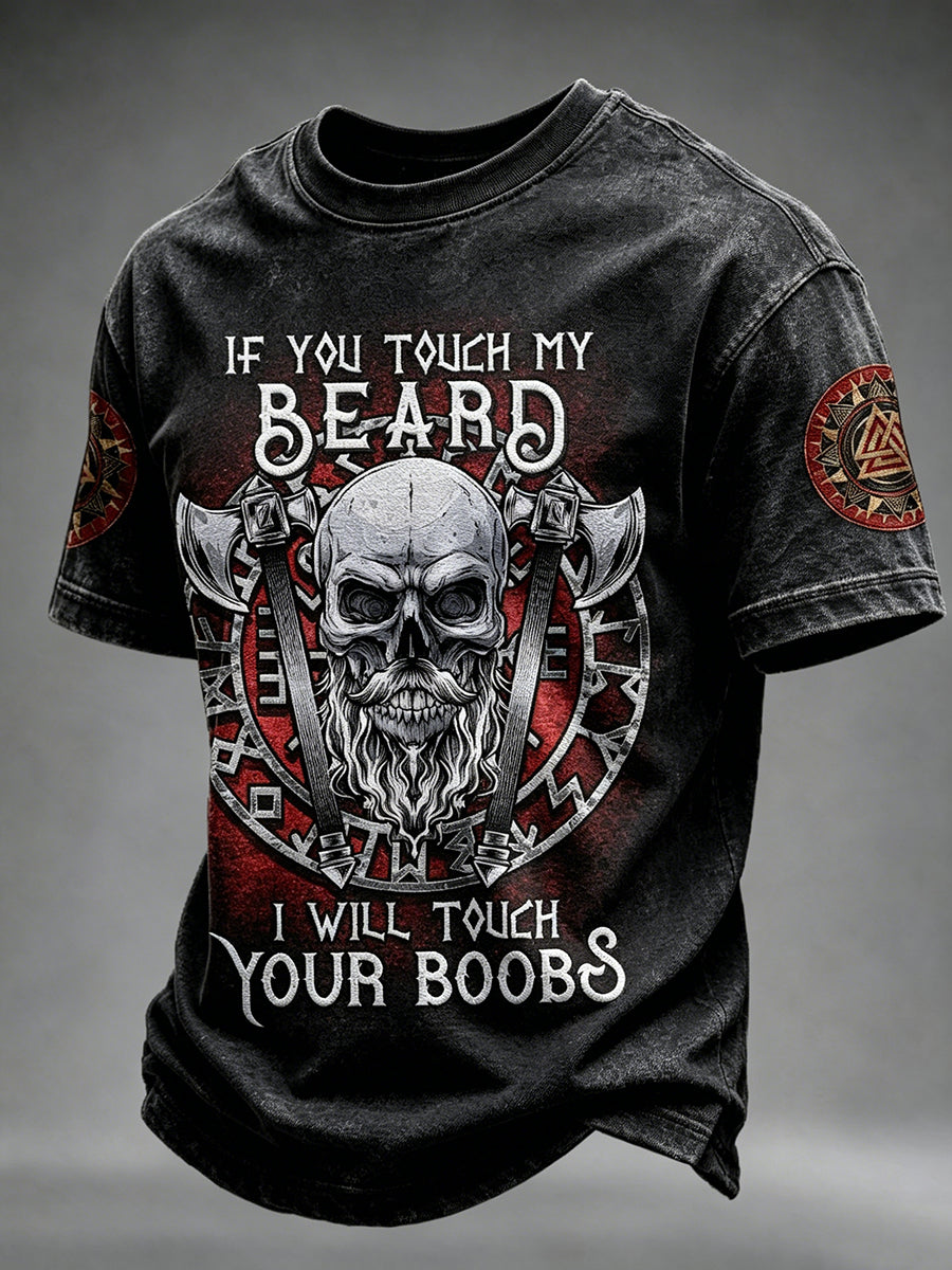 Mäns viking Om du rör min skägg Skull Print Short Slemmar T-shirt