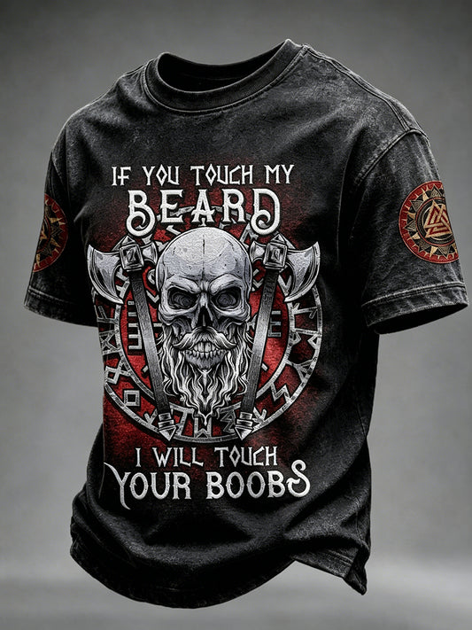 Mäns viking Om du rör min skägg Skull Print Short Slemmar T-shirt
