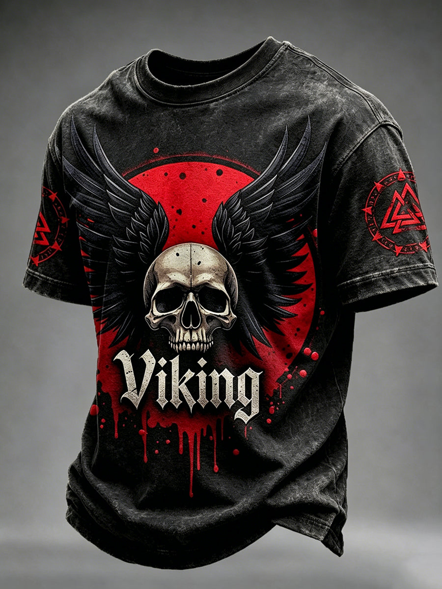 Mäns Vintage Viking Skull med vingar konst utskrift korta ärmar T-shirt
