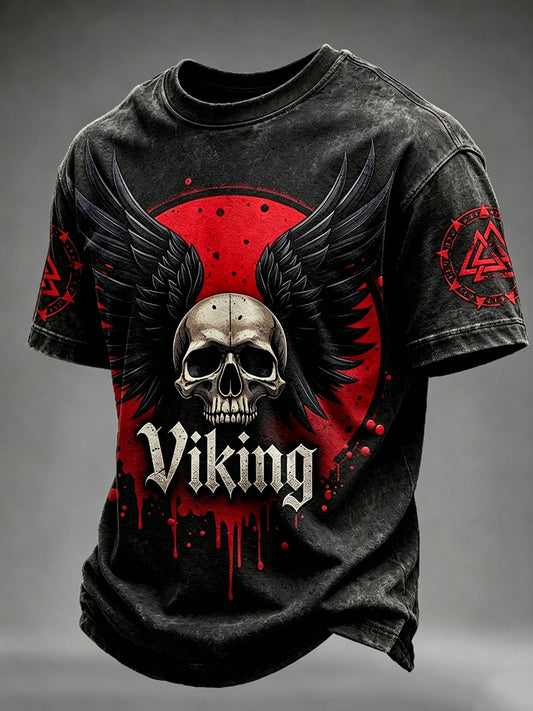 Mäns Vintage Viking Skull med vingar konst utskrift korta ärmar T-shirt