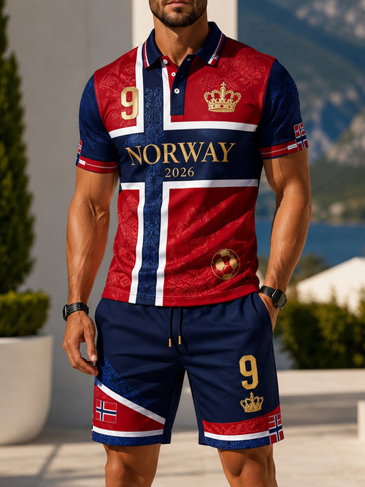 Herrpolotröja med konsttryck och hejande element från en norsk fotbollsmatch