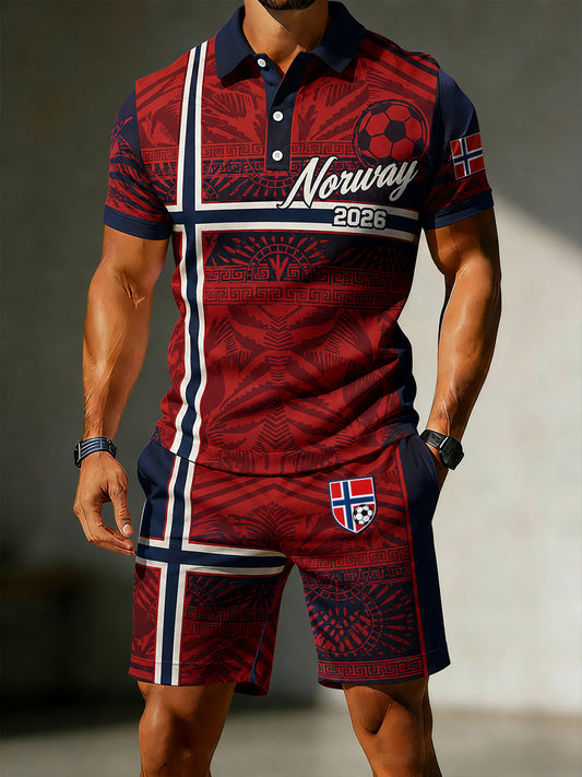 Herrpolotröja med konsttryck och hejande element från en norsk fotbollsmatch