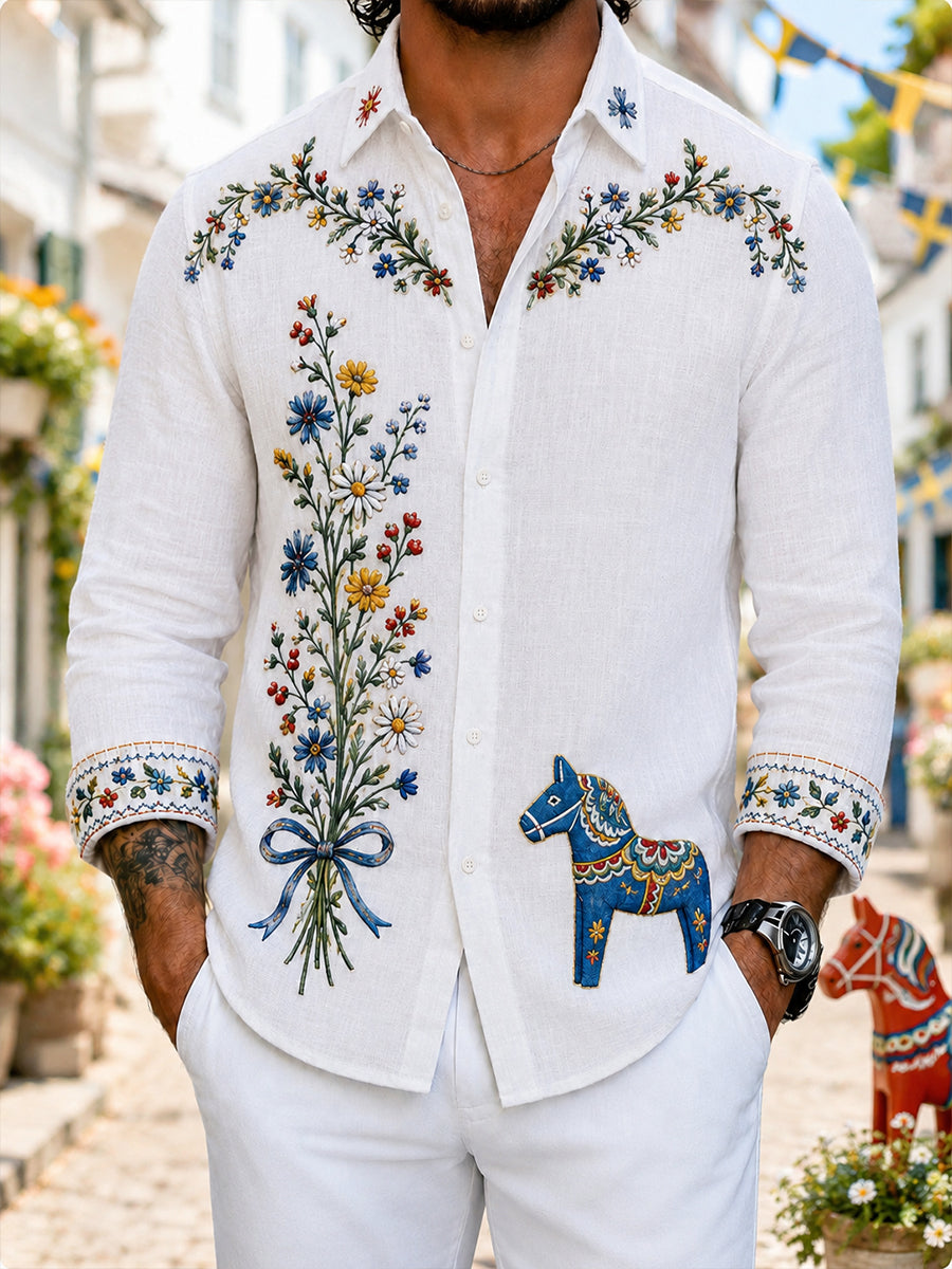 Retro svensk blommig Dalahästtryckt vardagsskjorta
