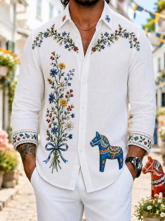 Retro svensk blommig Dalahästtryckt vardagsskjorta