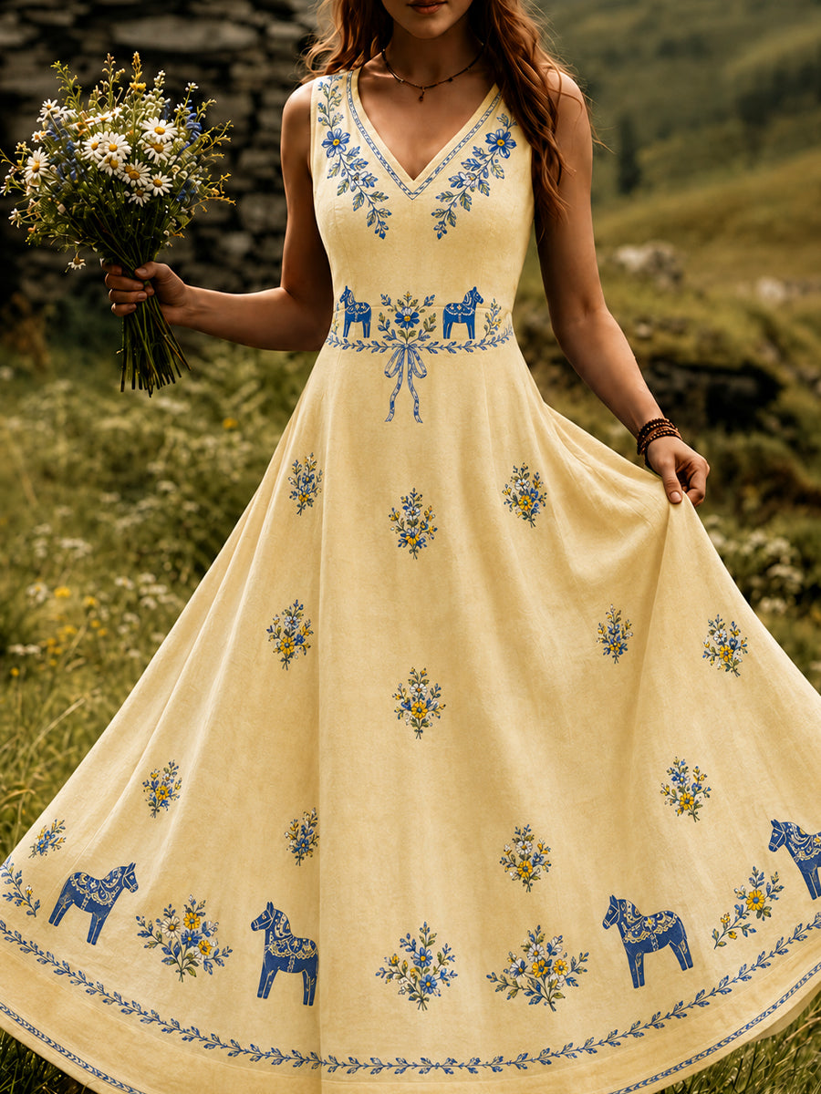 Vintage svensk blommig dalahästtryckt vardagsklänning