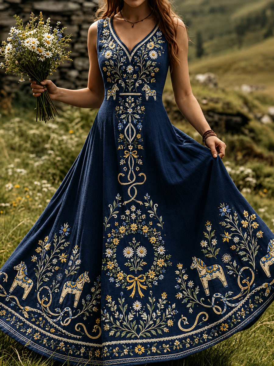 Vintage svensk blommig dalahästtryckt vardagsklänning