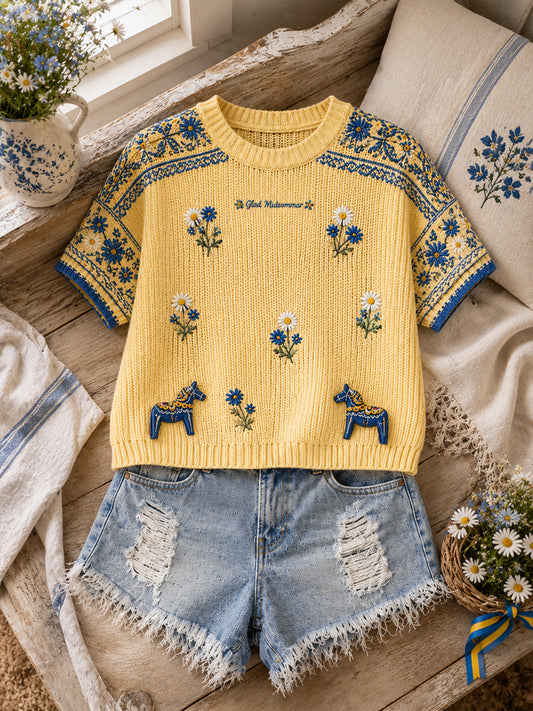 Vintage svensk blommig dalahästtryckt vardagsklänning
