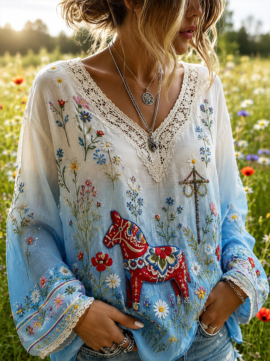 Retro svensk blommig dalahästtryckt vardagströja