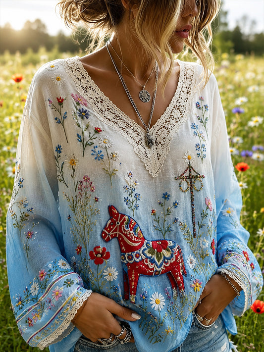 Retro svensk blommig dalahästtryckt vardagströja