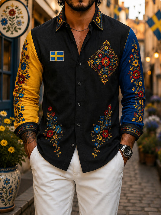 Retro svensk blommig Dalahästtryckt vardagsskjorta