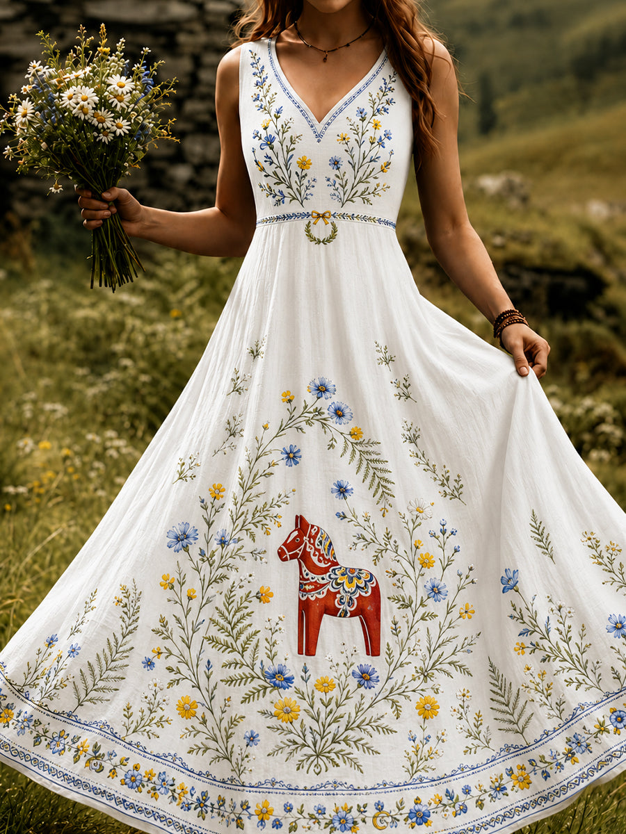 Vintage svensk blommig dalahästtryckt vardagsklänning