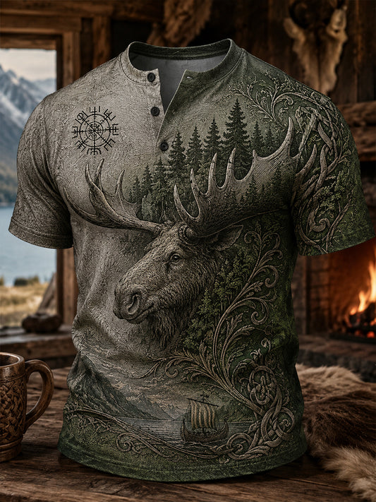 Retro Norska Viking nordisk stil Konst Print Casual Henley-tröja