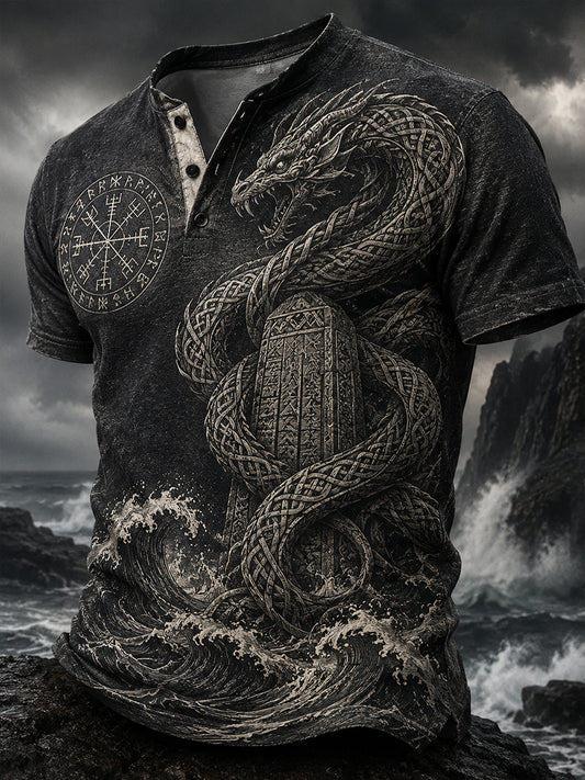 Retro norsk viking nordisk stil konsttryck avslappnad Henley-tröja