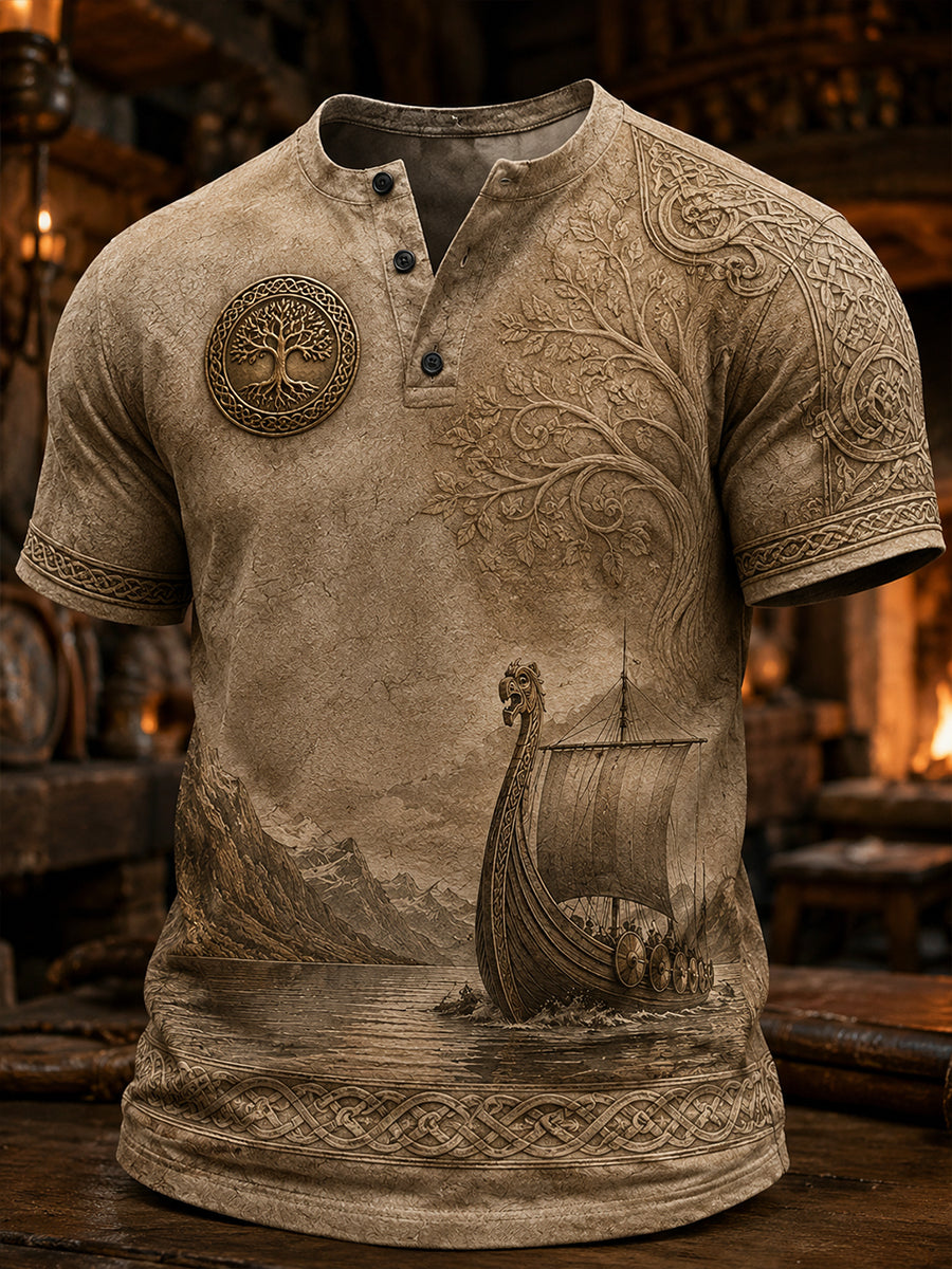 Retro norsk viking nordisk stil konsttryck avslappnad Henley-tröja