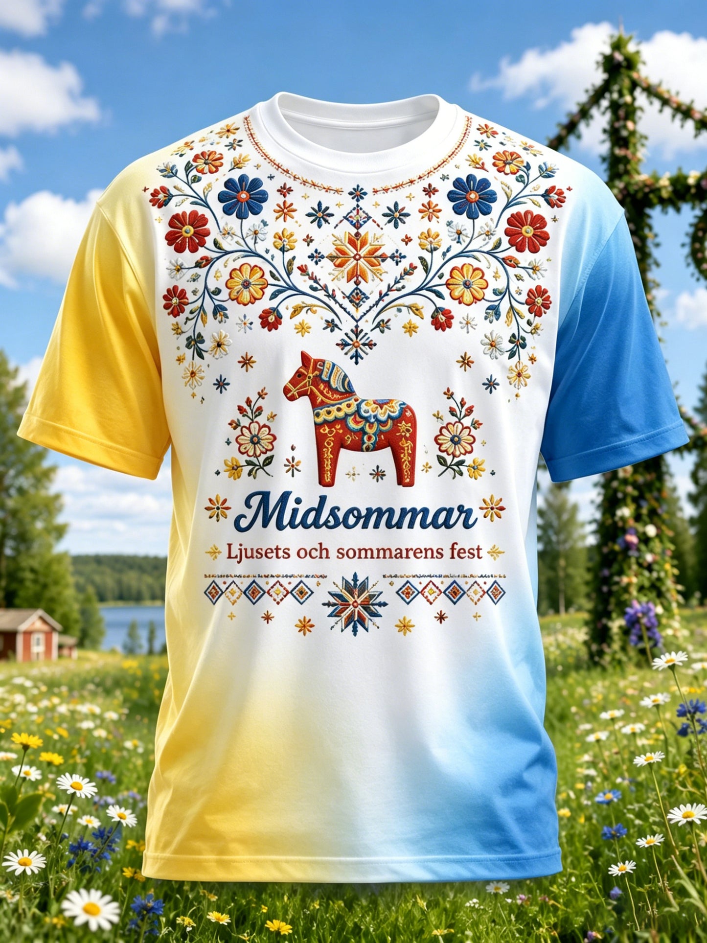 Herrtröja med konsttryck från den svenska midsommarfesten