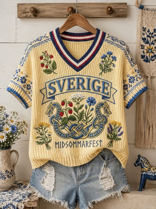 Dammens retro svensk midsommarfolk-stil bomullströja med blommönster och korta ärmar
