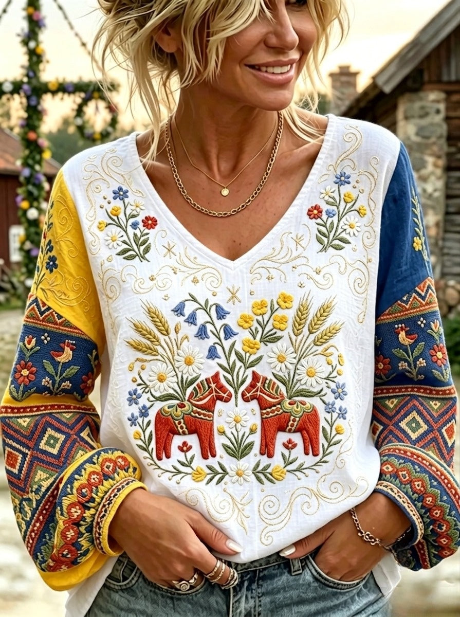 Dams Retro Svensk Midsommar Folkal Blus i Bomull-Linne