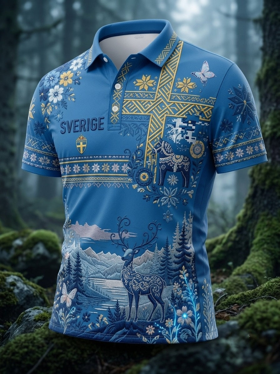 Mäns Retro Svenska midsommar Folk Floral Tryckt sport Short-Slem polo tröj