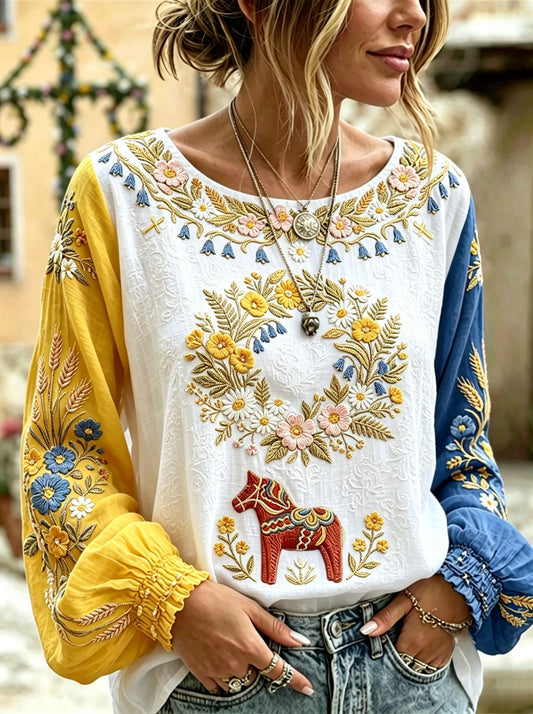 Dams Retro Svensk Midsommar Folkal Blus i Bomull-Linne
