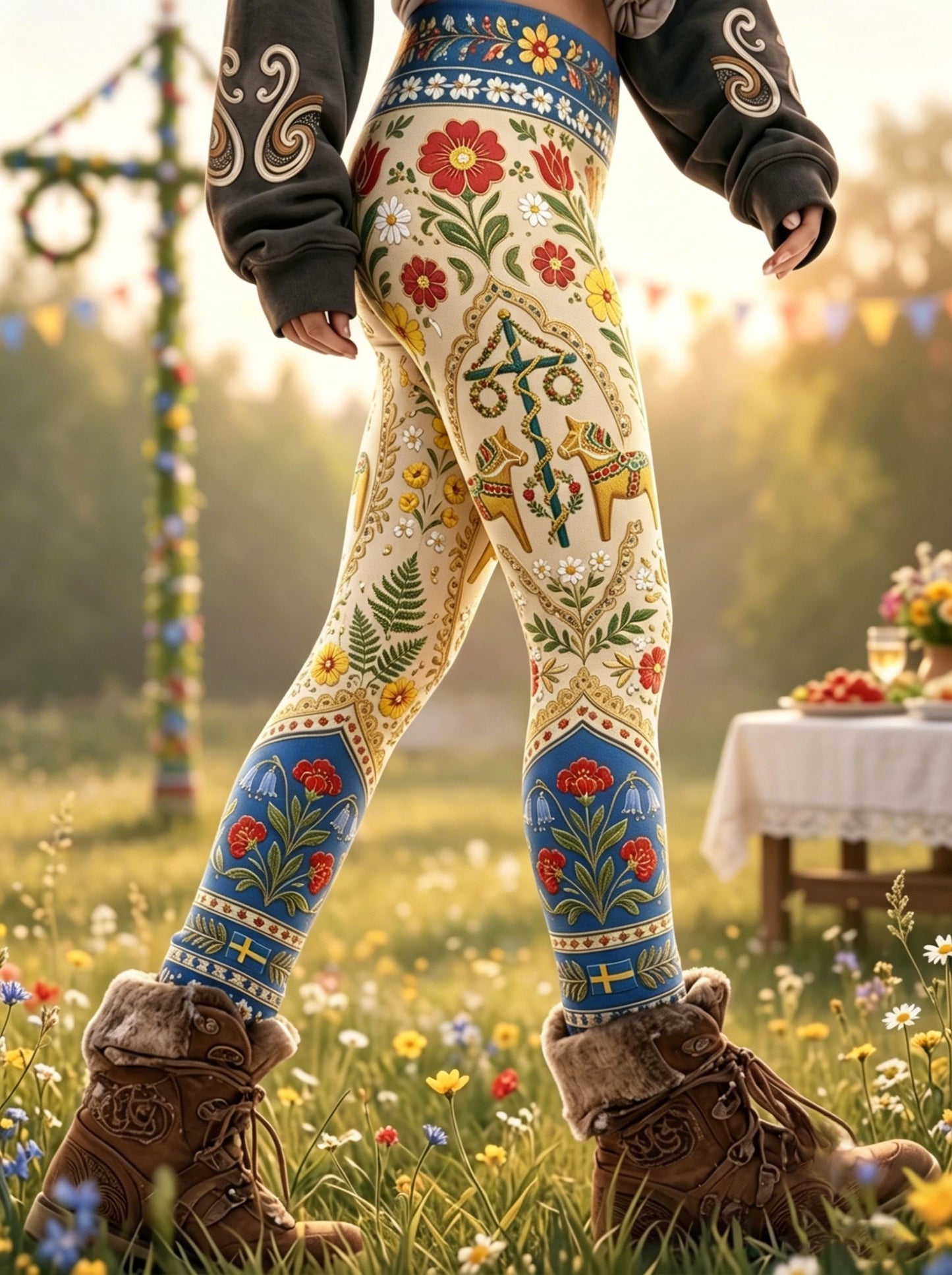 Kvinnor Retro Svenska midsommar Folk Floral Tryckta Sport Stretch Leggings