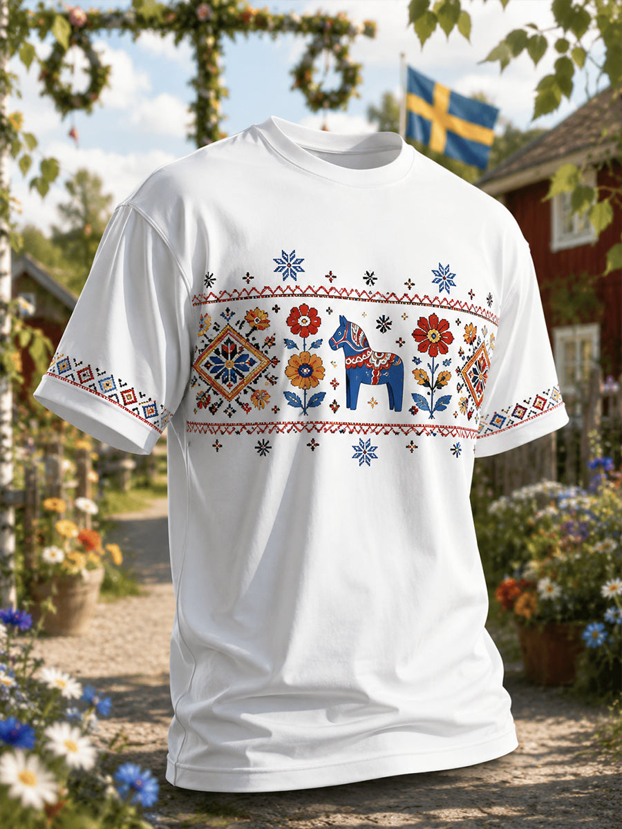 Herrtröja med konsttryck från den svenska midsommarfesten
