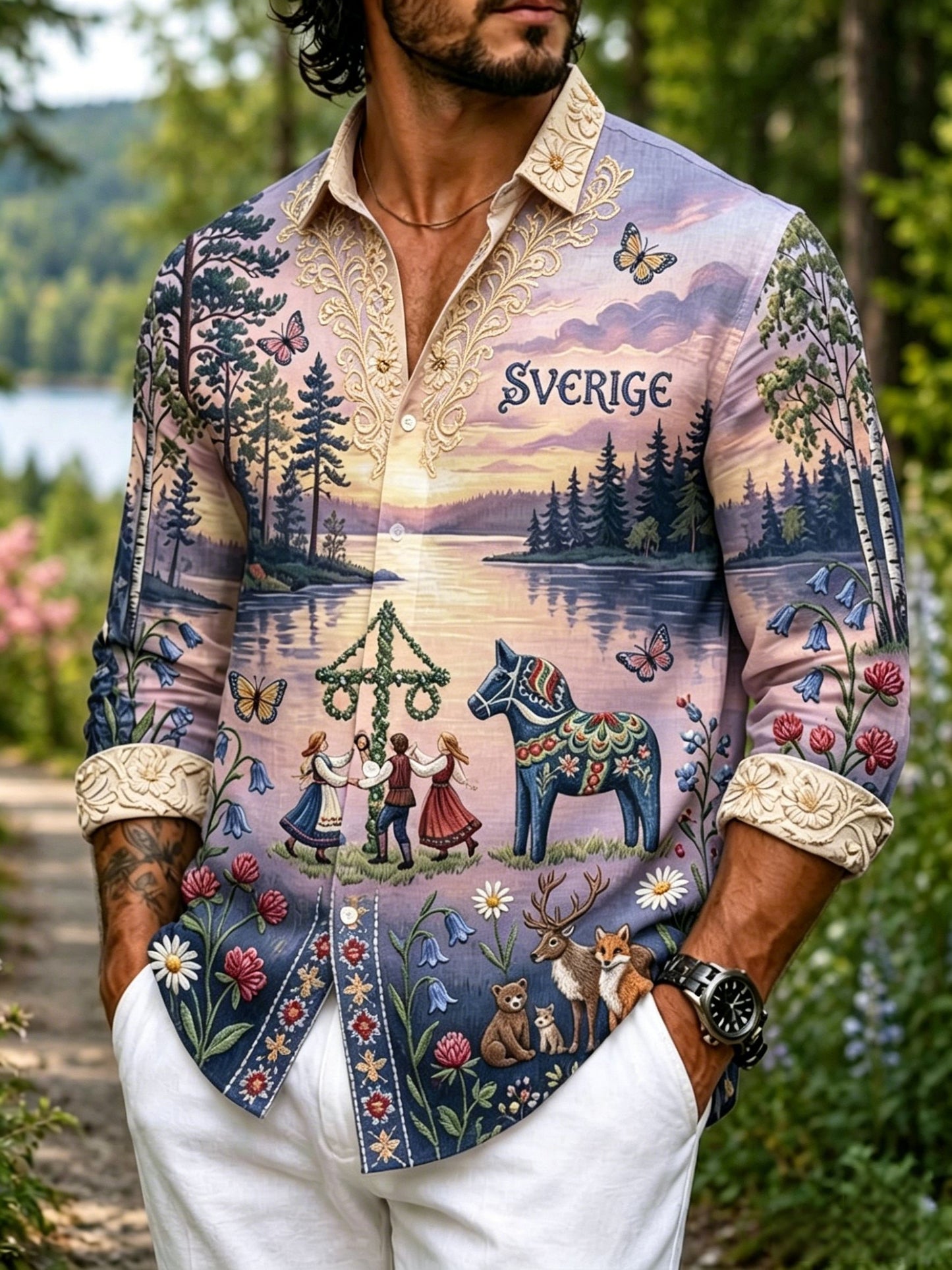 Herr Retro Svenska midsommar Folk Floral Bomull-Linen Långärmskjortor
