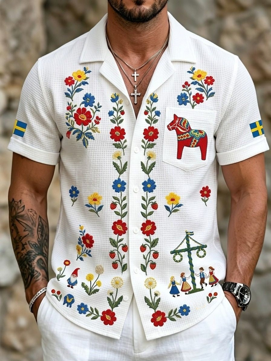 Herr Retro Svenska midsommar Folk Floral Våffle Kort ärmskjort