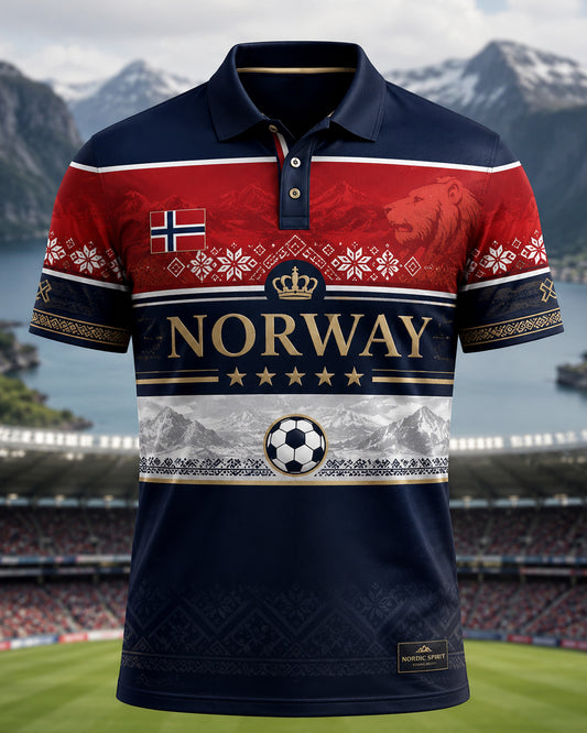 Herrpolotröja med konsttryck med element av norskt fotbollssupporterande