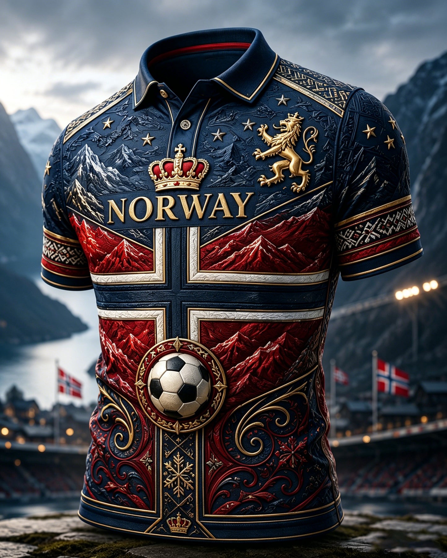 Herrpolotröja med konsttryck med element av norskt fotbollssupporterande
