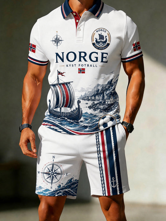 Retro norsk fotbollsfansstil nordisk konsttryck avslappnad pikétröja tvådelad set