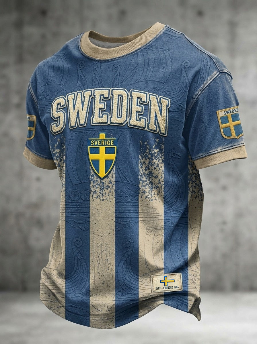 Herrtröja i retrostil med svensk fotbollsmotiv och tryck 2026