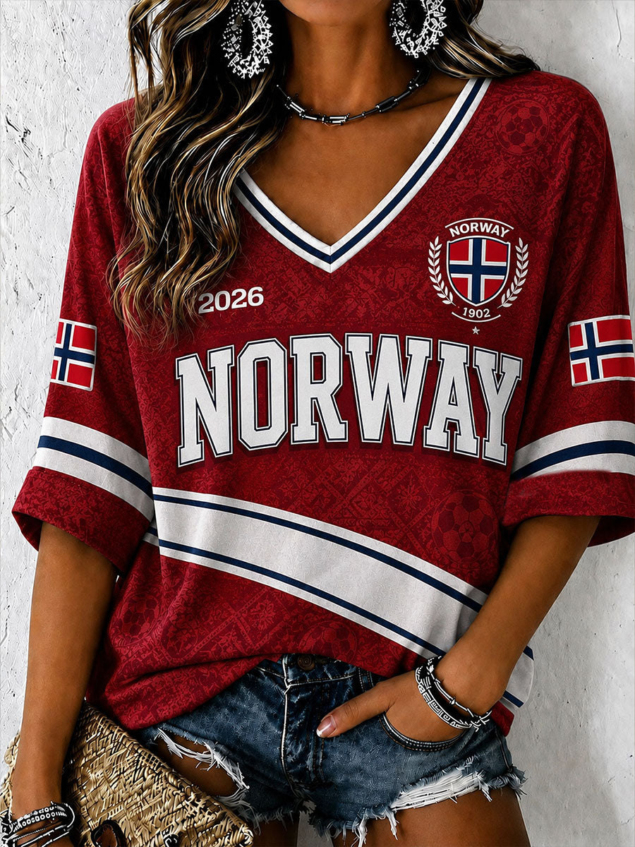 Kvinnors fotboll mitt-längd ärmar V-hals T-shirt