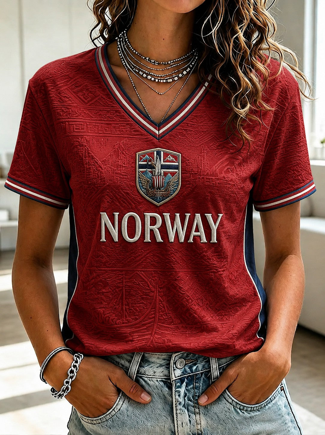 Kvinnors fotboll Tryckt V-hals T-shirt