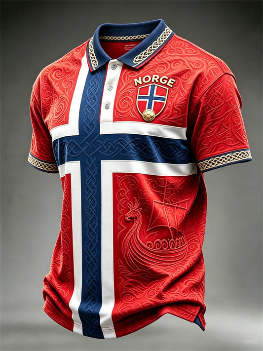 Mäns Norge Fotboll Viking Ship Celtic Norge Flag Colorblock Print polo skjorta