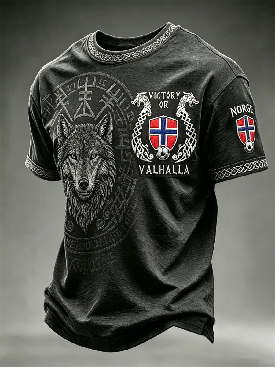 Mäns seger eller Valhalla Norge Fotboll Viking Wolf & Vegvisir Skriv ut korta ärmar t-shirt