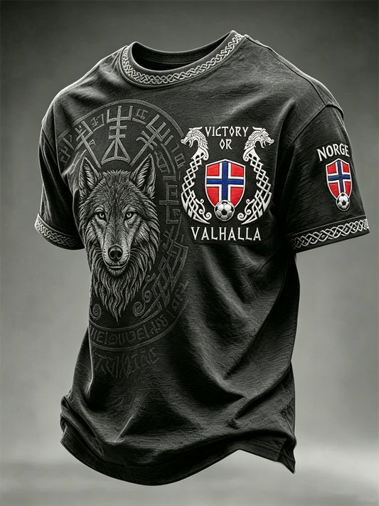 Mäns seger eller Valhalla Norge Fotboll Viking Wolf & Vegvisir Skriv ut korta ärmar t-shirt