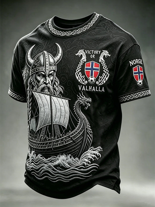 Mäns seger eller Valhalla Norge Fotboll Viking Warrior & Ship Skriv ut korta ärmar t-shirt