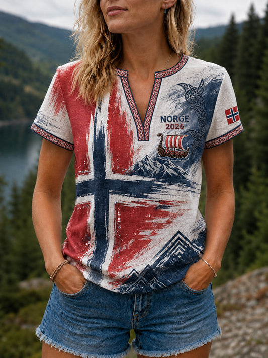 Kvinnors Heia Norge fotbollsfan grafisk bomull-Linen tröj