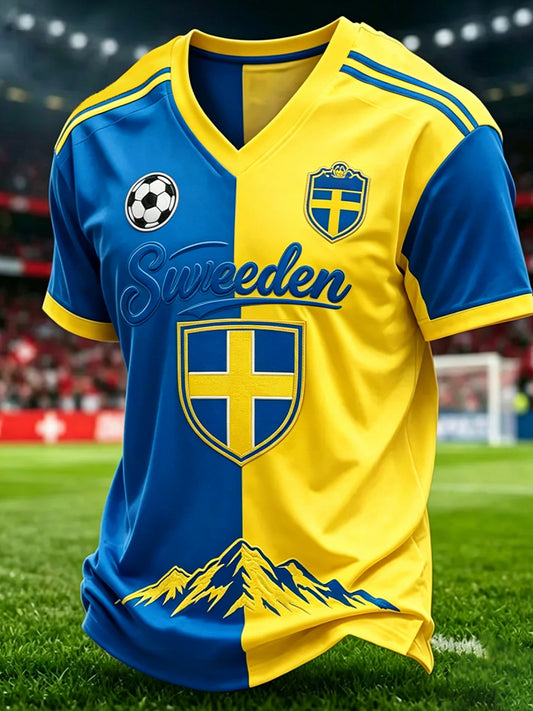 Herrtröja i V-ringning med fotbollsmotiv på svenska
